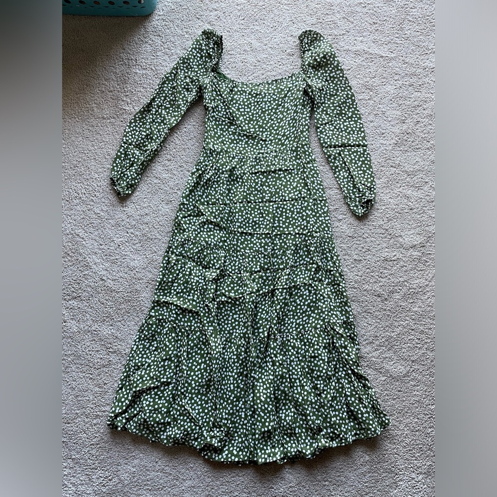 Reformation Tiered midi/Maxi dress green polka dots